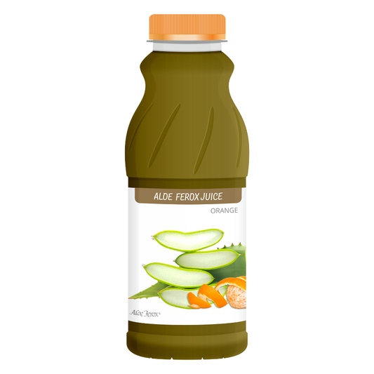 Aloe Ferox Juice Orange helps maintain general well-being and optimal vigour. The combined action of the more than 130 medicinal agents in aloe is responsible for its powerful effect. The positive effect differs from individual to individual. To preserve as much of the medicinal agents in the aloe, all the watery juice, fibre and green skin are retained in the manufacturing process. The total bitter-free leaf is minced, blended and jellified.
