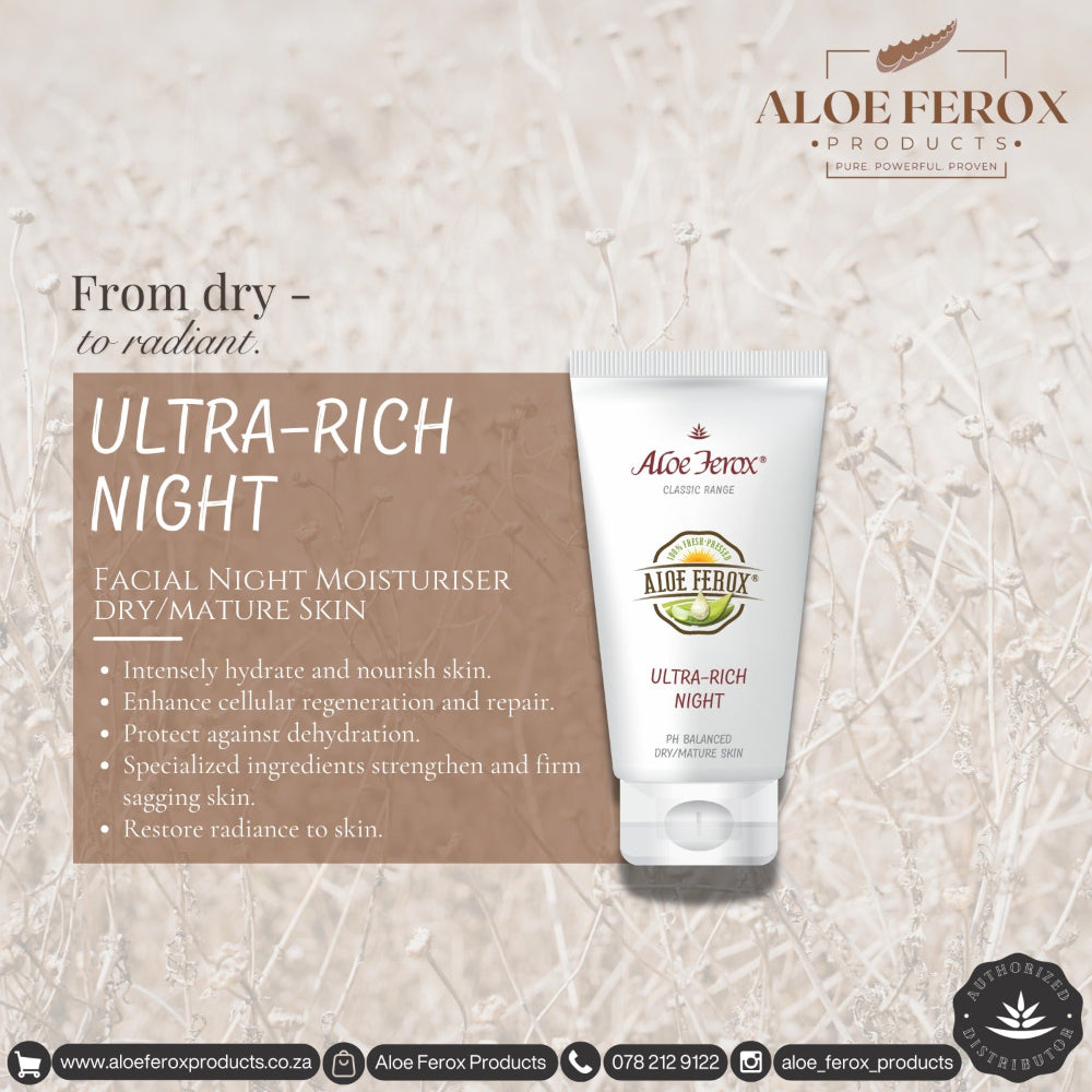 Aloe Ferox Ultra-Rich Night facial night moisturizer on a textured beige background