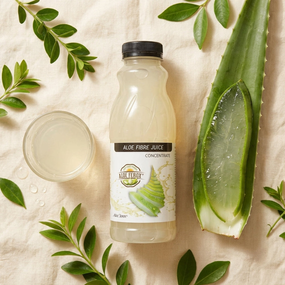 Bottle of Aloe Vera juice with aloe vera leaves on a light background