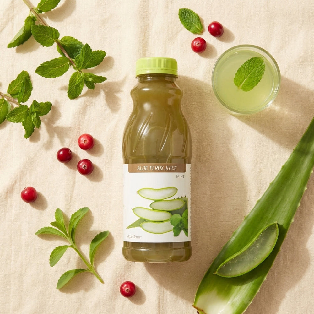 Bottle of aloe ferox juice with a glass, fresh aloe leaves, and berries on a light background