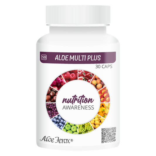 Aloe Ferox Multiplus daily multivitamin capsule bottle, with aloe extract and essential nutrients to support energy, immunity, skin & nails.