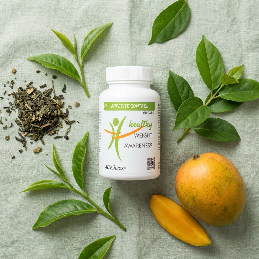 Supplement bottle labeled 'Appetite Control' surrounded by green leaves and a mango on a textured surface. Aloe ferox brand