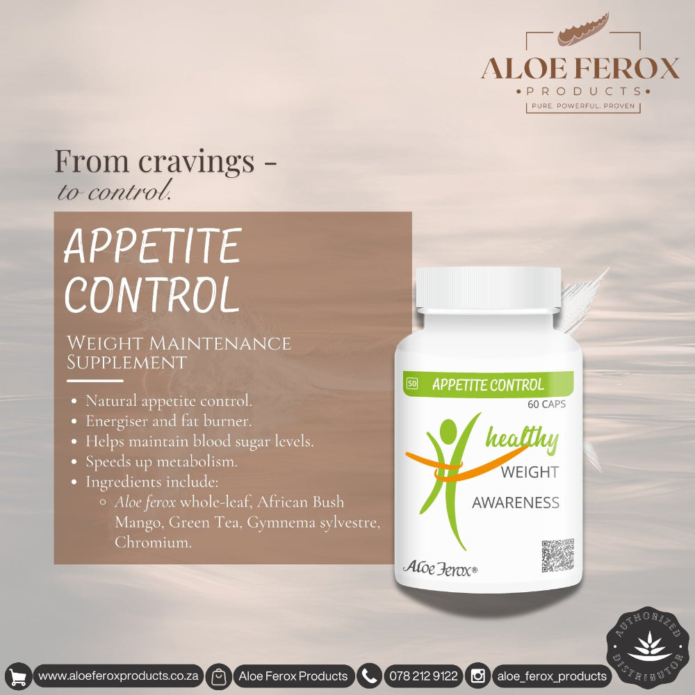 Aloe Ferox Appetite Control supplement bottle with product details on a neutral background