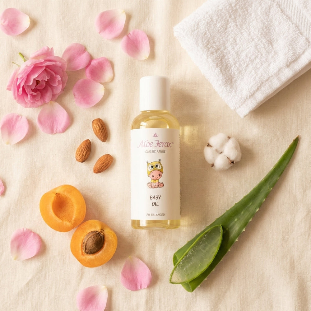 Bottle of Aloe Bear's Baby Oil surrounded by flowers, almonds, apricots, and aloe ferox leaf on a light background.