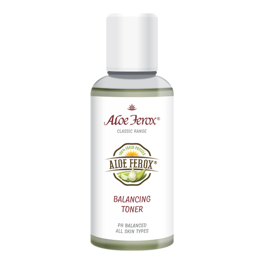 Aloe Ferox Balancing Toner is a refreshing pH balancing skin toner.
Refreshes and cools the skin after cleansing face and neck area. It also helps to remove remaining dirt and make-up. Suitable for all skin types