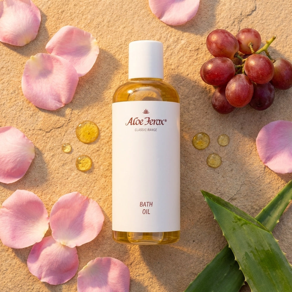 Bottle of Aloe Ferox bath oil surrounded by pink petals, grapes, and an aloe leaf on a sandy background.