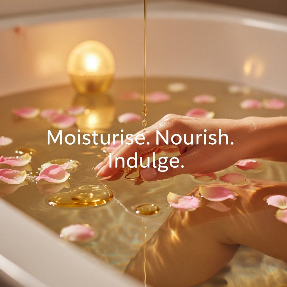 Hand pouring oil into a bathtub with rose petals and text 'Moisturise. Nourish. Indulge.'