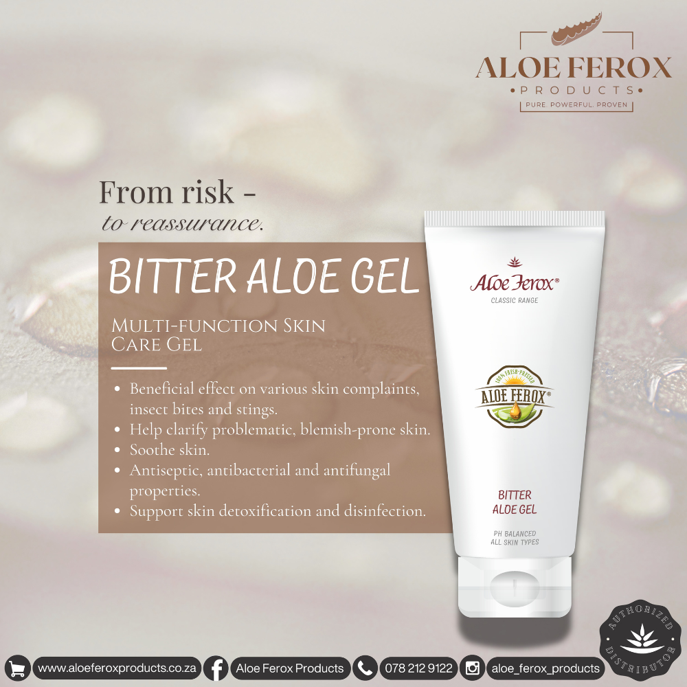 Aloe Ferox Bitter Aloe Gel tube with product description on a light background