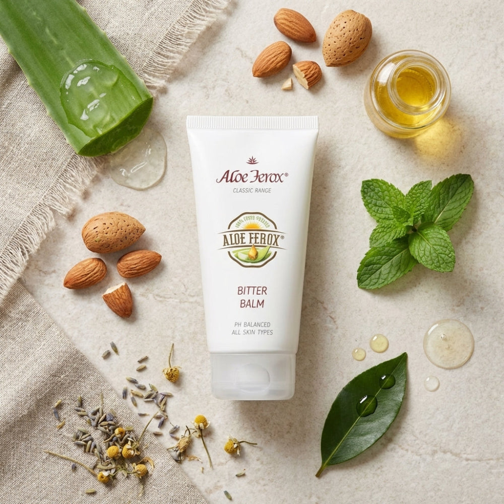 Aloe Ferox bitters balm tube with aloe ferox leaf, almonds, and mint leaves on a textured surface.