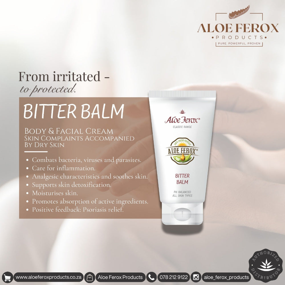 Aloe Ferox Bitter Balm tube with product description on a light background