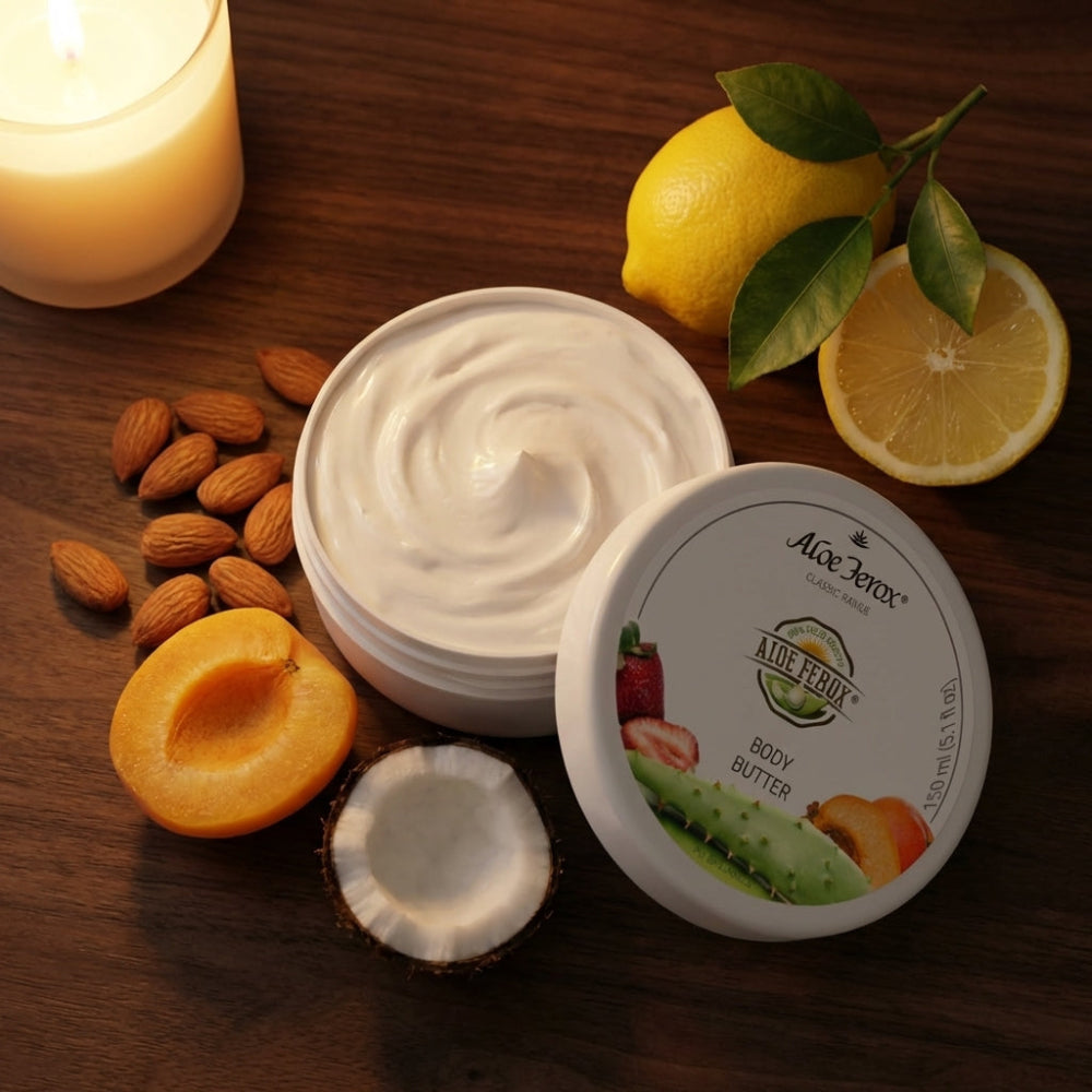 Aloe ferox body butter surrounded by fresh lemon, almonds, apricot and coconut on a dark wooden surface with a candle giving off a dim light.