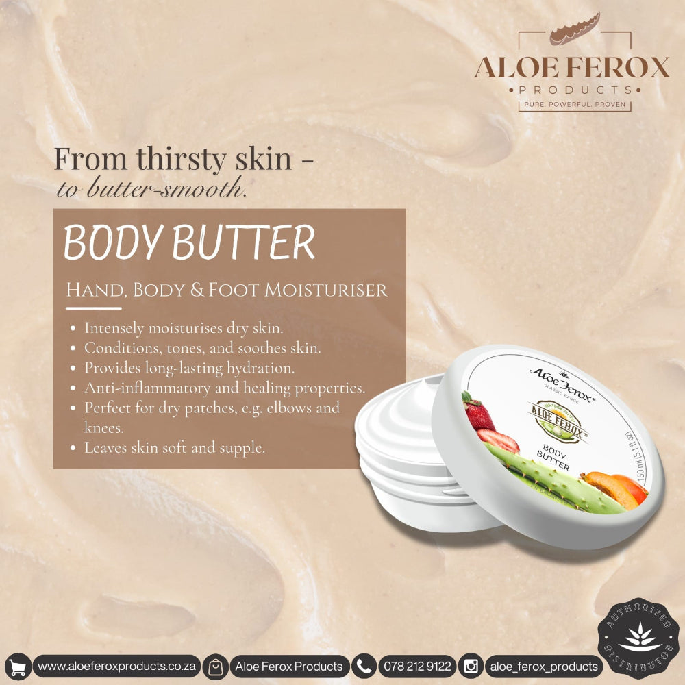 Aloe Ferox body butter packaging with product description on a beige background