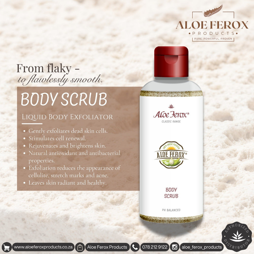 Aloe Ferox body scrub bottle with product description on a textured beige background