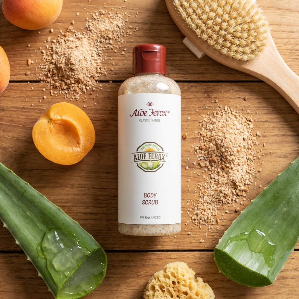 Aloe Ferox body scrub bottle on a wooden surface with aloe vera leaves, apricots, and a brush.