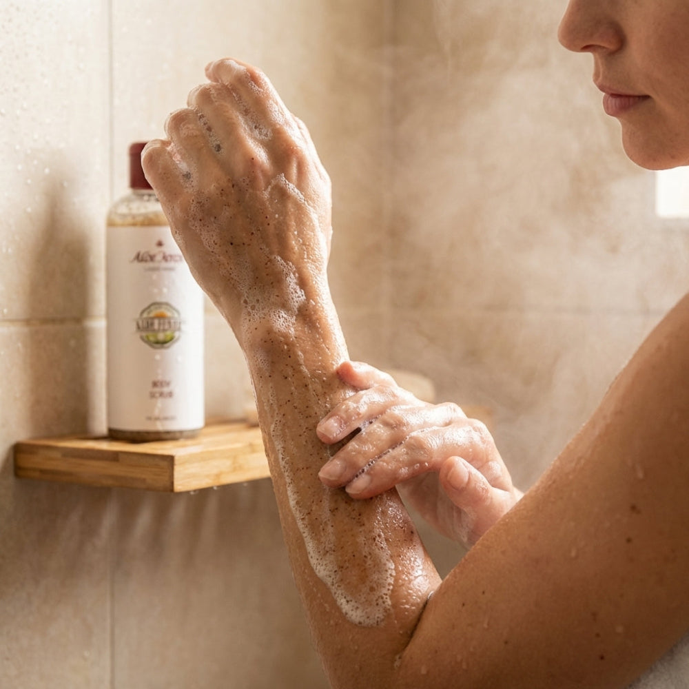 Person applying soap to their arm with a bottle of aloe ferox body scrub in the background.
