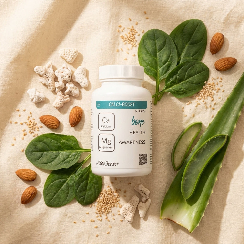 Supplement bottle labeled 'CALCI-BOOST' surrounded by spinach leaves, almonds, and aloe ferox on a beige fabric background.
