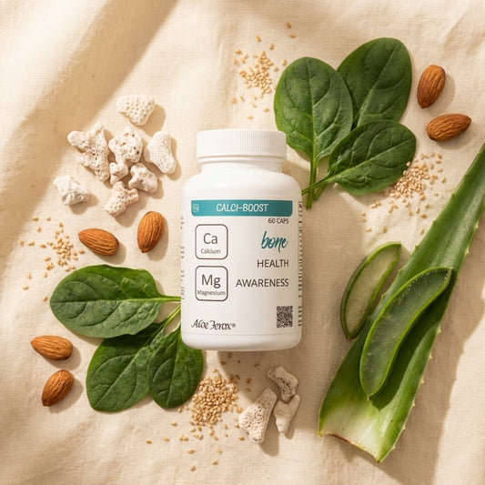 Supplement bottle labeled 'CALCI-BOOST' surrounded by spinach leaves, almonds, and aloe ferox on a beige fabric background.