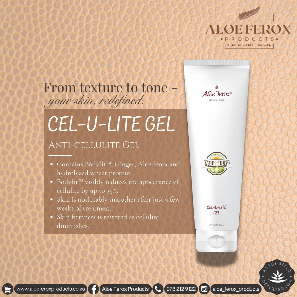 Aloe Ferox CEL-U-LITE GEL packaging with product description on a textured background