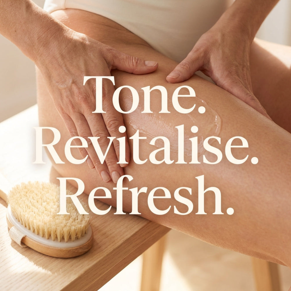 Person massaging leg with text 'Tone. Revitalise. Refresh.' and a brush on a wooden surface.