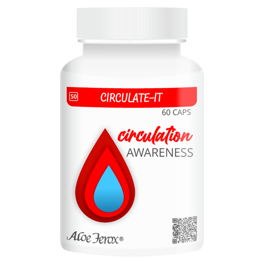 Aloe Ferox Circulate It capsule bottle. Botanical support with aloe ferox for healthy circulation and vascular wellbeing