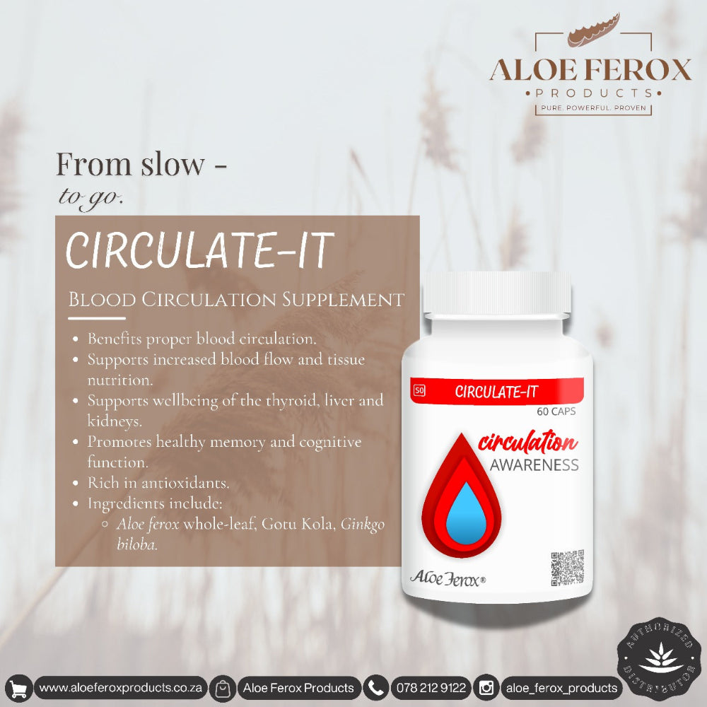 Aloe Ferox Circulate-It supplement bottle with product details on a light background