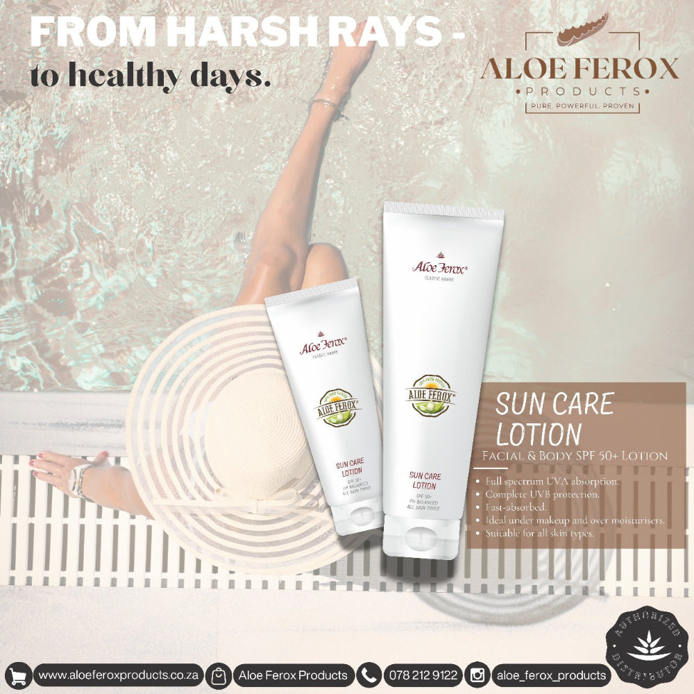 Aloe Ferox sun care lotion bottles with a person lying on a towel, promoting skin health.