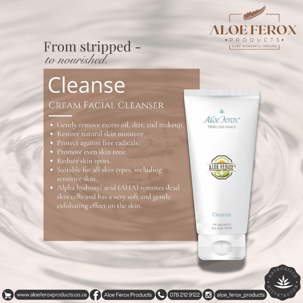 Aloe Ferox Products cream facial cleanser with product description on a textured background