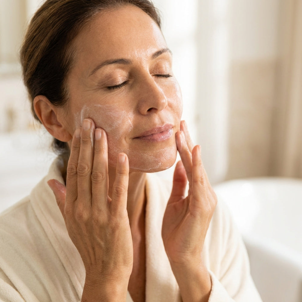Woman applying a facial mask with a blurred background