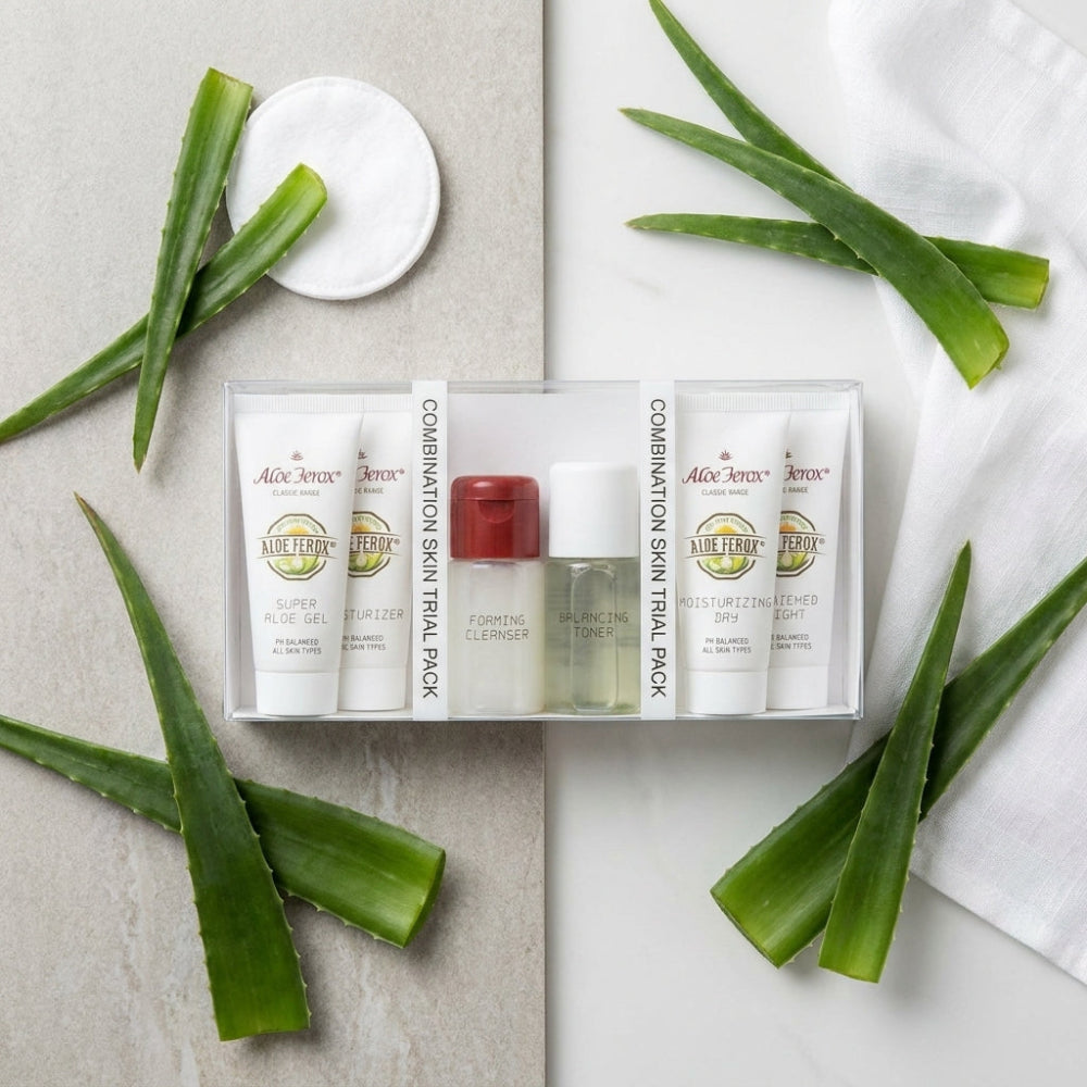 Aloe ferox combination skin trial pack  skincare trial pack with aloe leaves on a light background