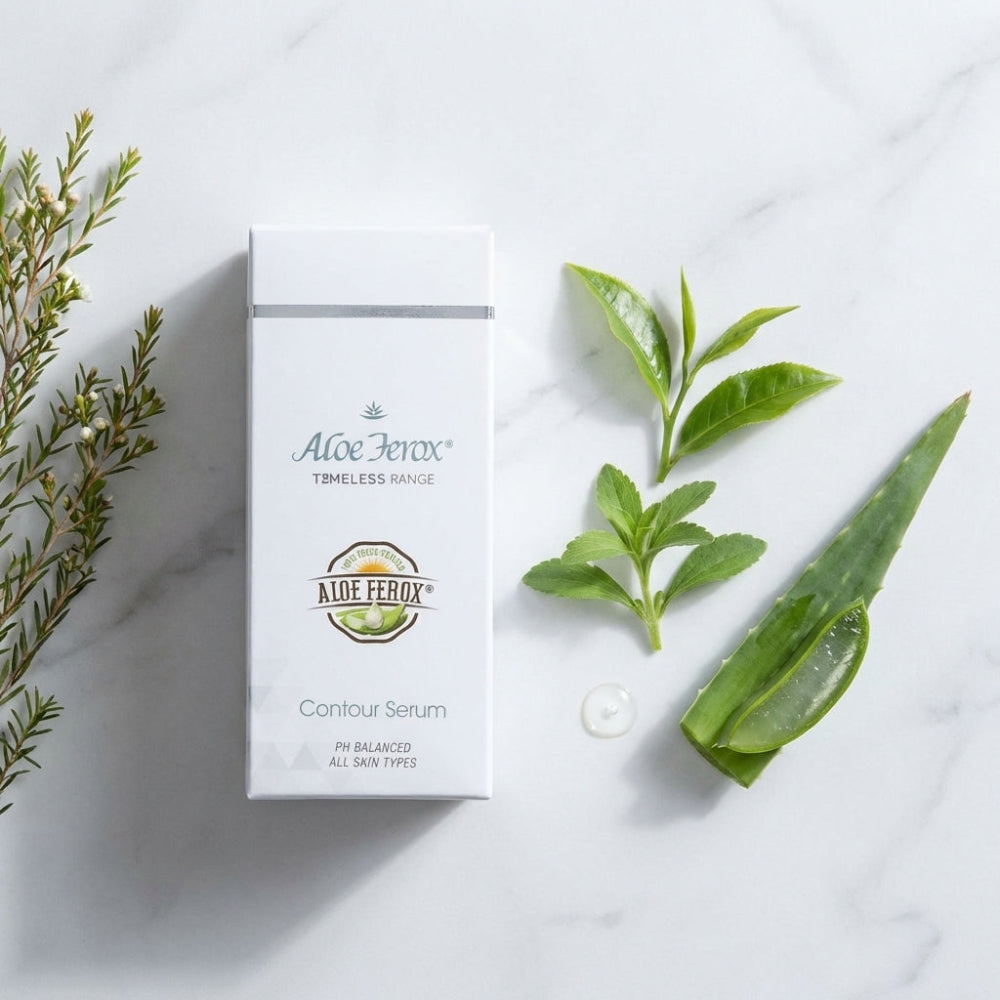 Aloe Ferox contour serum skincare product box with aloe ferox leaves on a light background