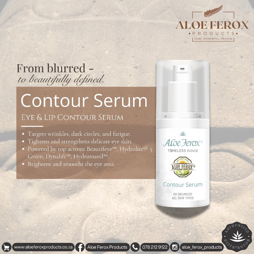 Aloe Ferox Contour Serum packaging on a textured beige background