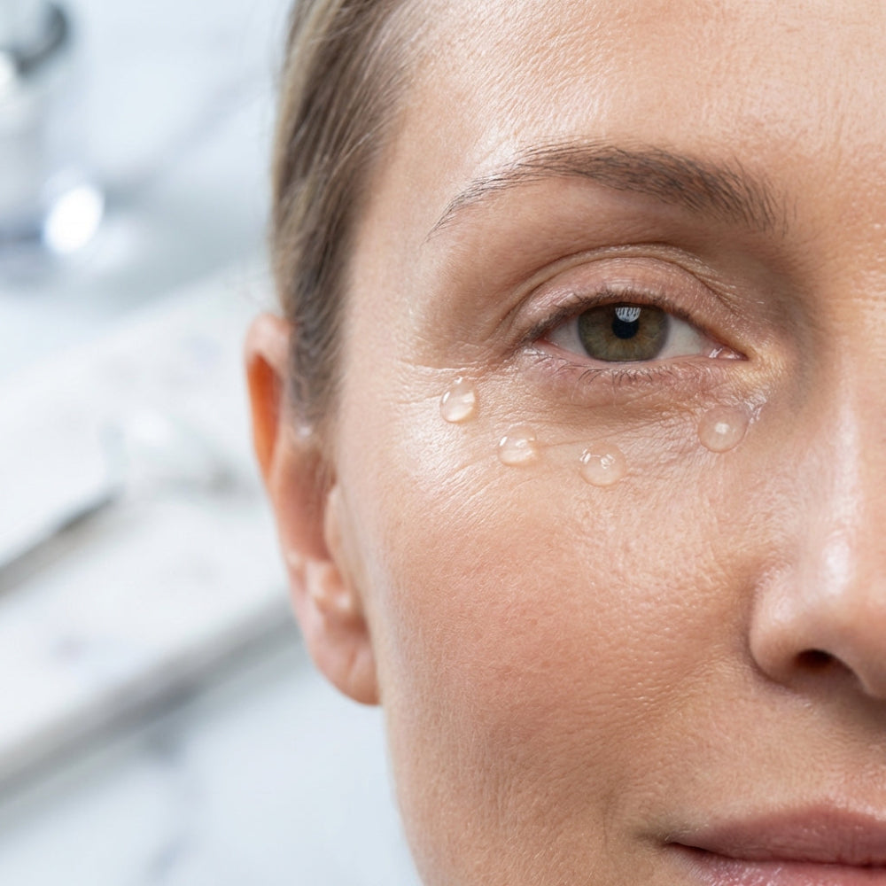 Close up of a woman with eye serum on the contour of her eye