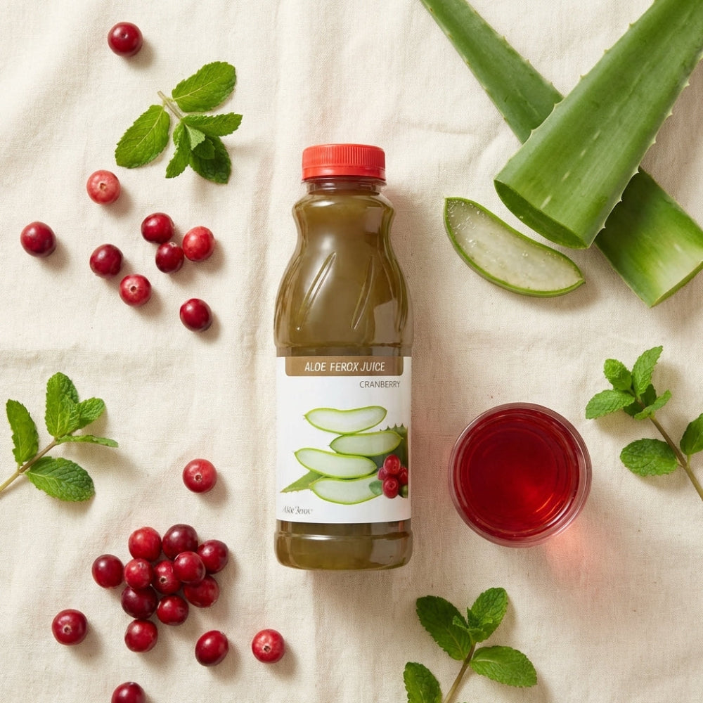 Bottle of aloe ferox juice with cranberries and aloe leaves on a light background