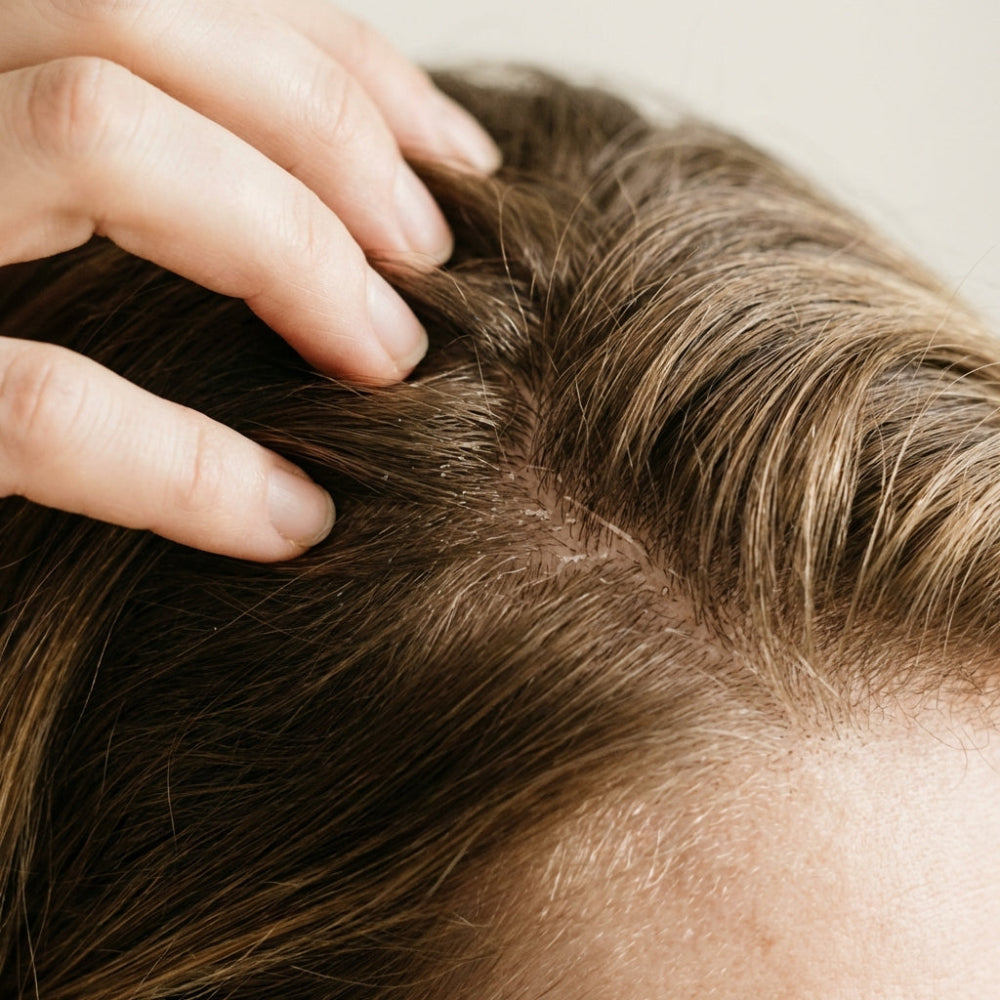 Close-up of a hand touching a person's head with brown hair.