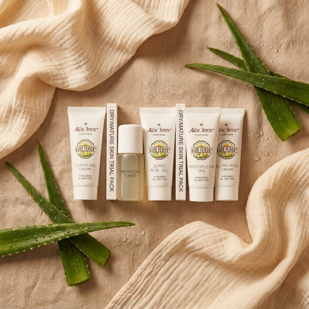 Set of Aloe ferox dry skin trial pack skincare products with aloe leaves on a beige fabric background