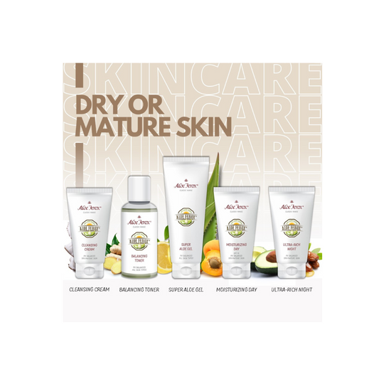 Aloe Ferox Classic Skin Care set for Dry or Mature Skin. Containing Cream Cleanser, Toner, Super Aloe Gel, Moisturizer and Enriched Night Cream