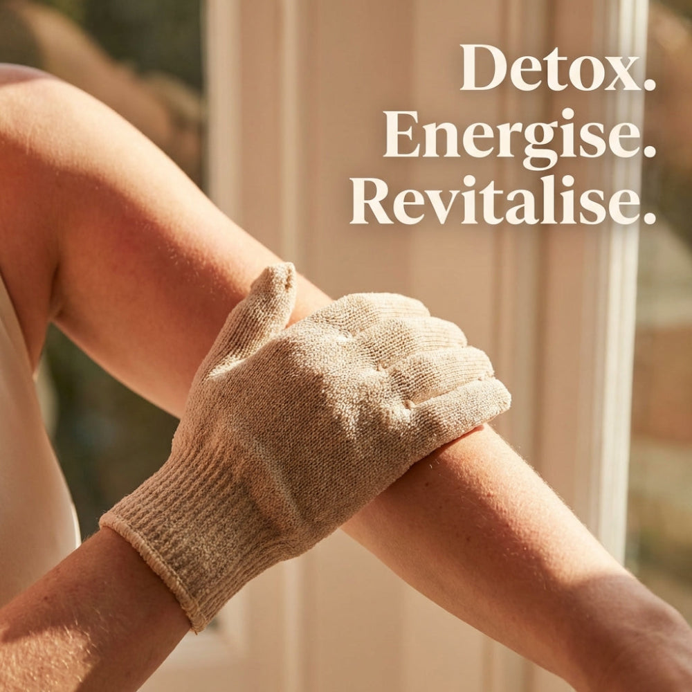 Person wearing a glove on a limb with text 'Detox. Energise. Revitalise.'