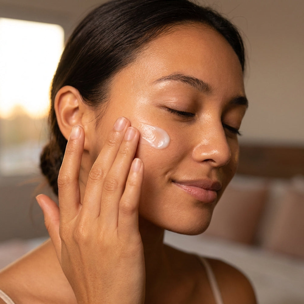 Woman applying cream to her face with a blurred background