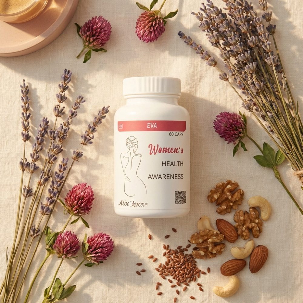 Supplement bottle labeled 'EVA Women's Health Awareness' surrounded by flowers and nuts on a light surface. Aloe Ferox supplement