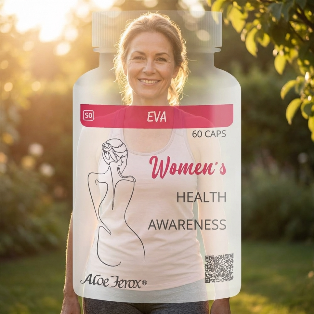 Bottle labeled 'Women's Health Awareness' with a woman's face on a blurred natural background