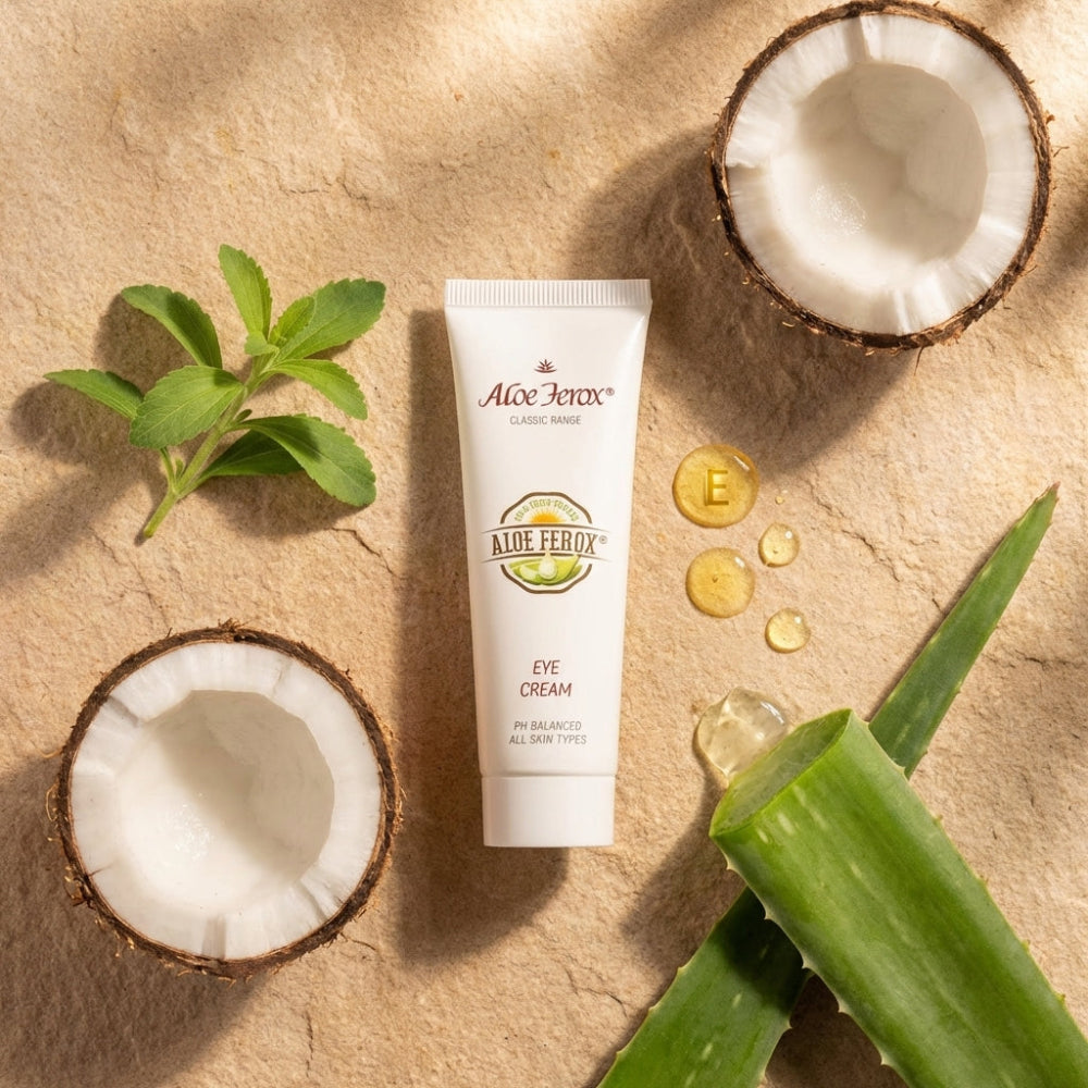Aloe Ferox eye cream with coconuts and aloe ferox leaves on a textured surface