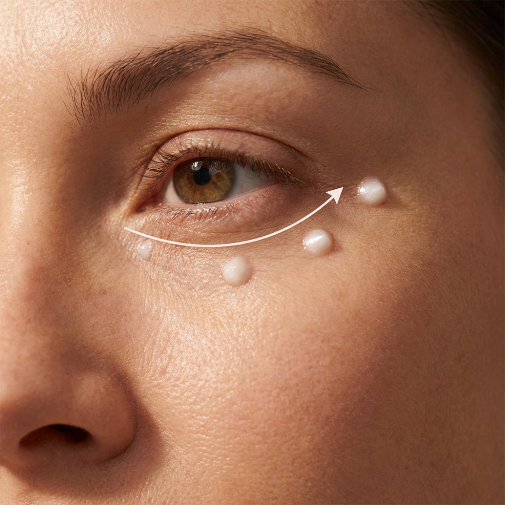 Close-up of a person's eye with a focus on the under-eye area, showing skin texture and pores.