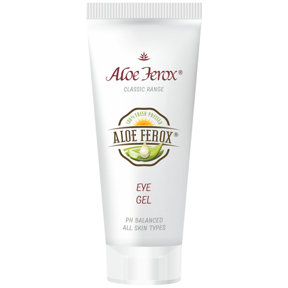 Aloe Ferox Eye Gel tube. Lightweight aloe ferox gel for the eye area to soothe, de-puff and refresh tired eyes.”