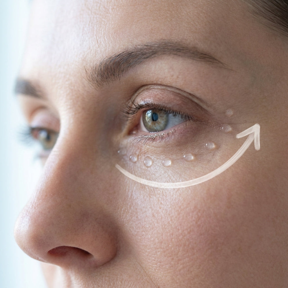 Close-up of a woman's face with eye cream application on her eyelid