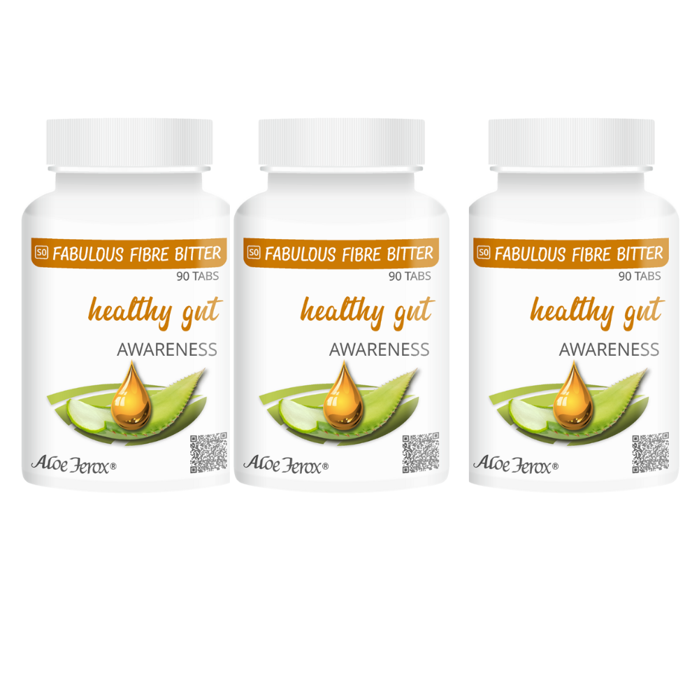 Three bottles of Fabulous Fibre Bitter with Aloe Ferox on a white background