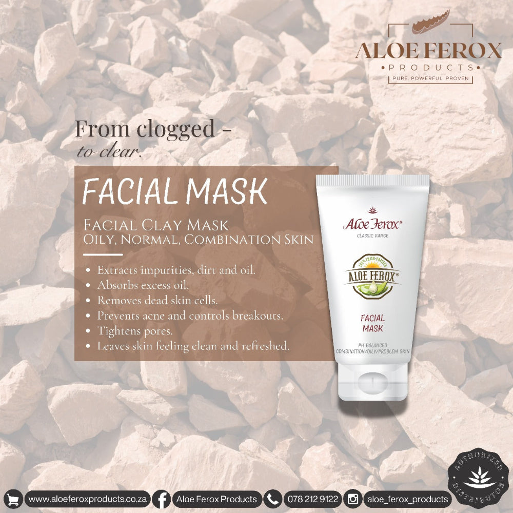 Aloe Ferox Products facial mask packaging on a textured stone background