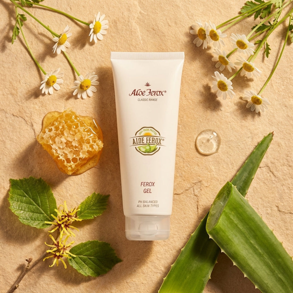 Aloe Ferox gel tube with aloe vera leaves, honey, and flowers on a beige background