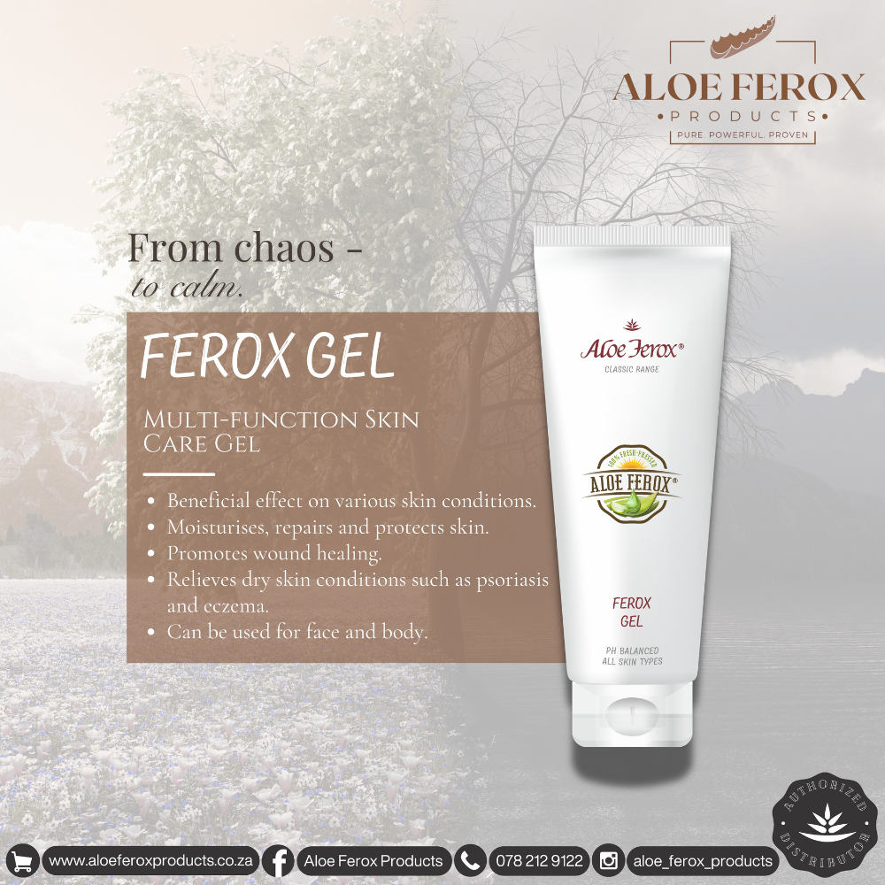 Aloe Ferox Ferox Gel tube with product description on a textured background