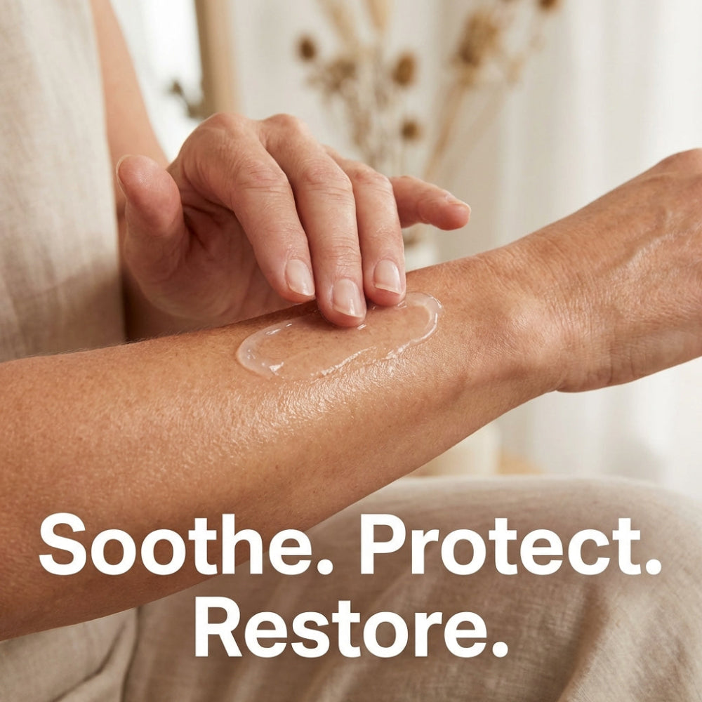 Person applying a skincare product to their arm with text 'Soothe. Protect. Restore.'