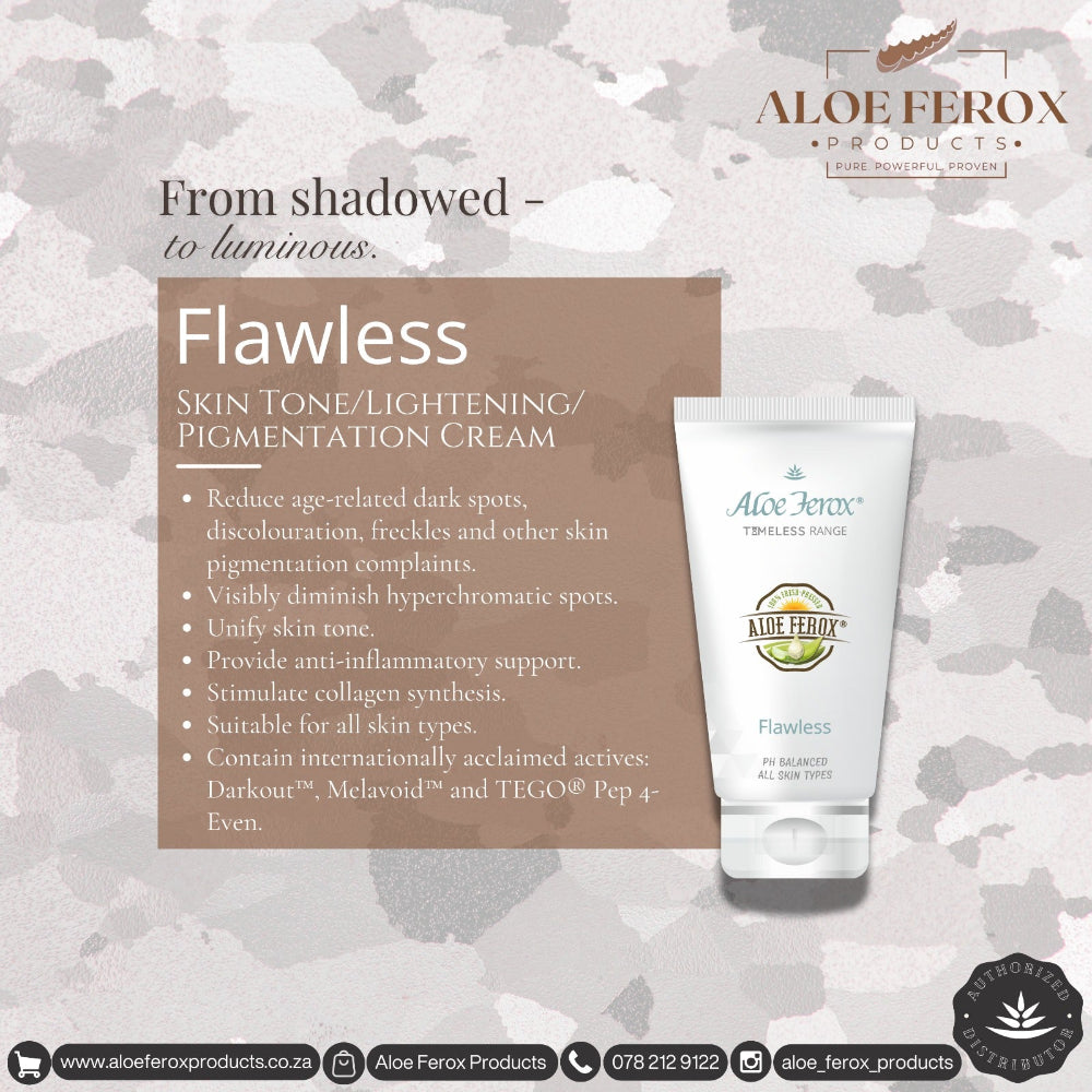 Aloe Ferox Flawless skin tone/lightening/pigmentation cream packaging on a textured background